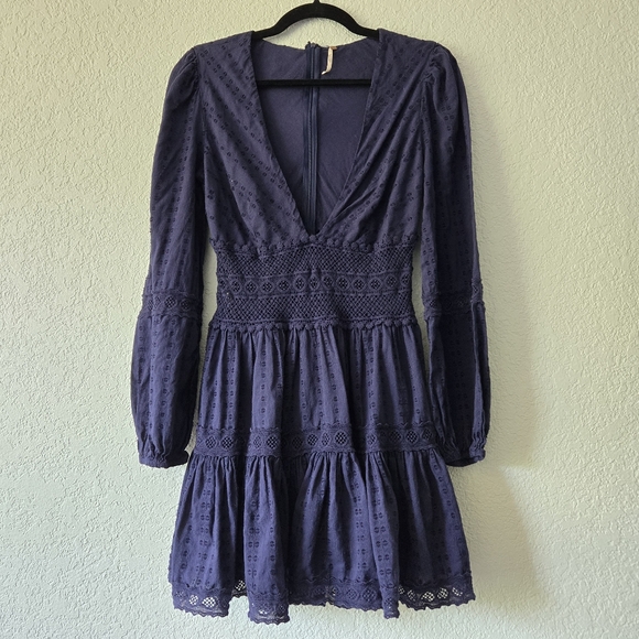 Free People 4 Delightful Crochet Navy Blue Mini Dress - Picture 1 of 8